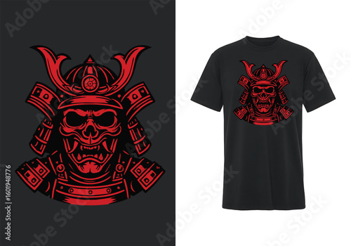 Graphic of a samurai skull helmet in red and black on a dark background. The samurai features ornate armor details with exaggerated horns and a menacing expression.