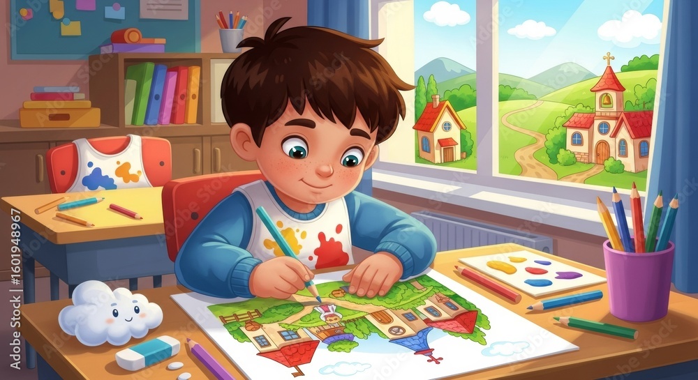 Fototapeta premium Cartoon boy drawing a colorful landscape with houses and church in classroom