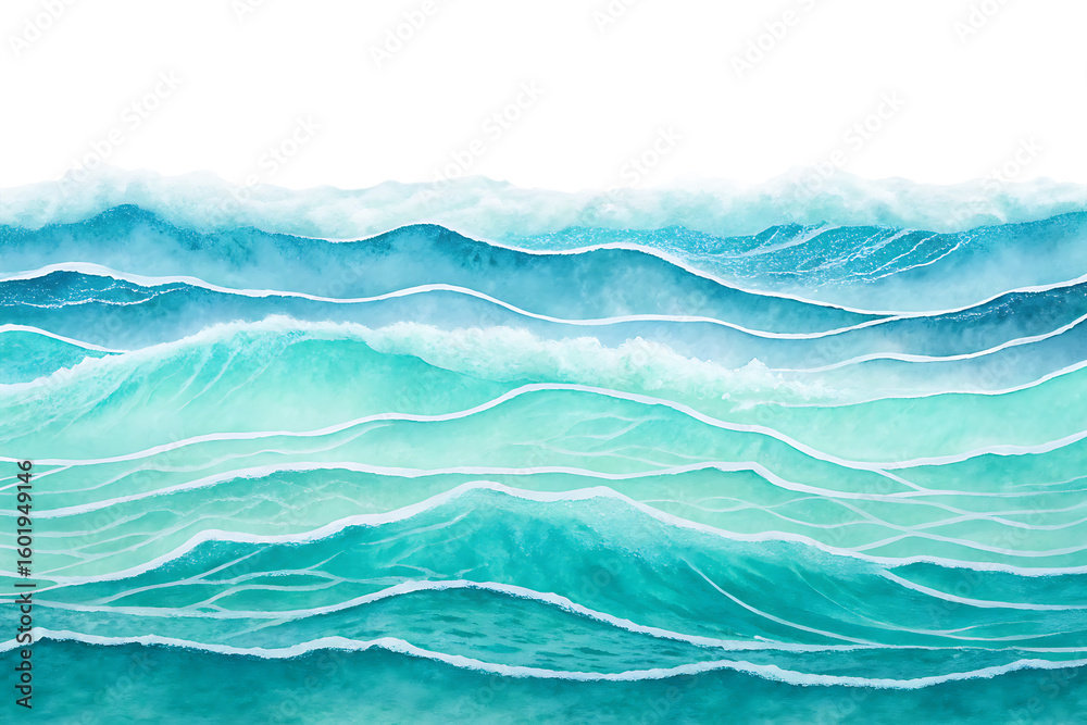 Fototapeta premium An abstract watercolor painting of ocean waves with varying shades of blue and white foam lines