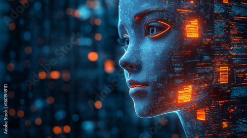 Robotic head with floating data streams including voice waveforms