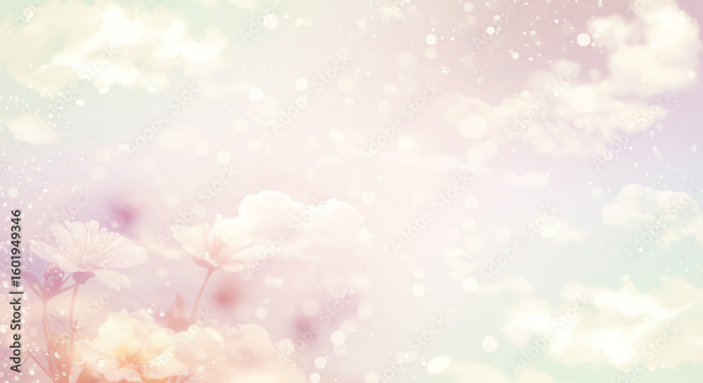 Soft, dreamy pastel background with clouds, flowers, and sparkling particles. Soft, dreamy pastel background with clouds, flowers, and sparkling particles.