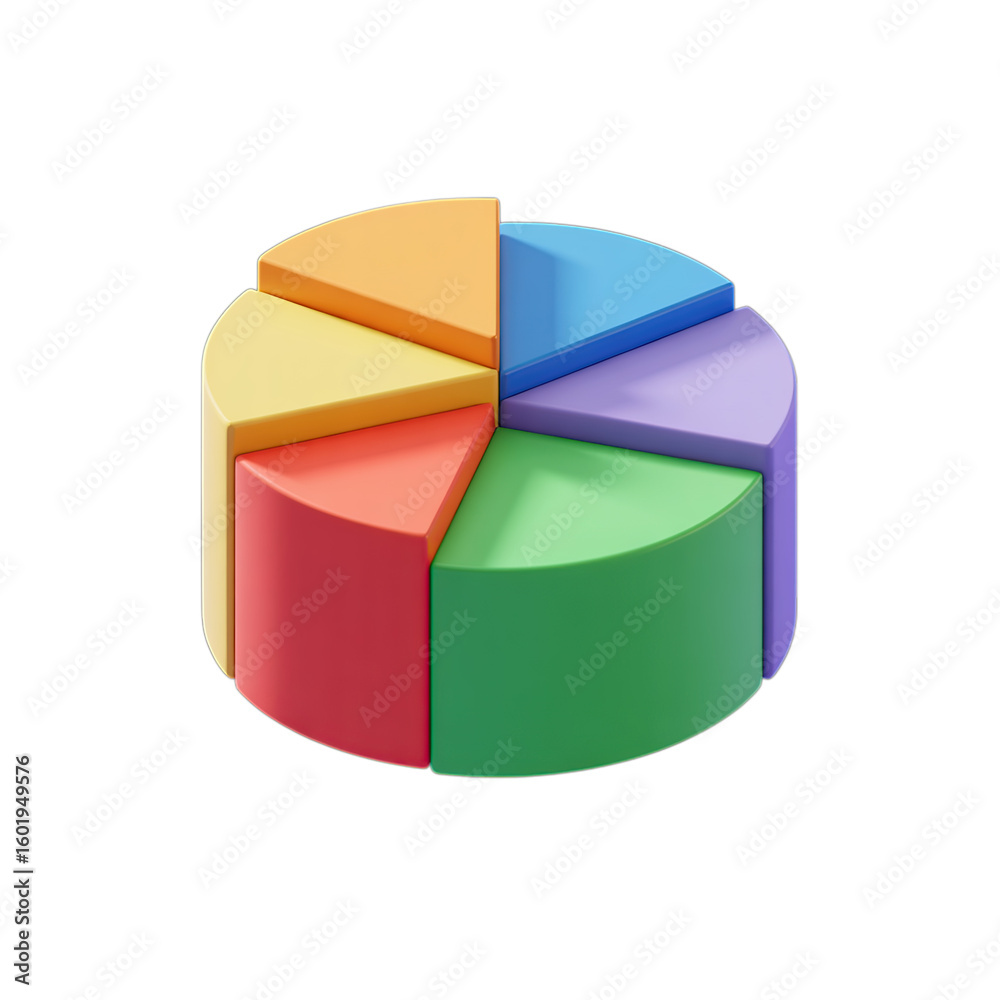 Obraz premium Colorful 3d pie chart divided into six segments isolated on transparent background