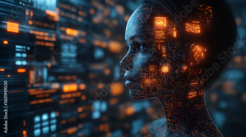 Robotic head with floating data streams including voice waveforms