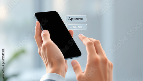 Hand Holding Smartphone with Approve and Reject Options – Mobile App Decision Interface