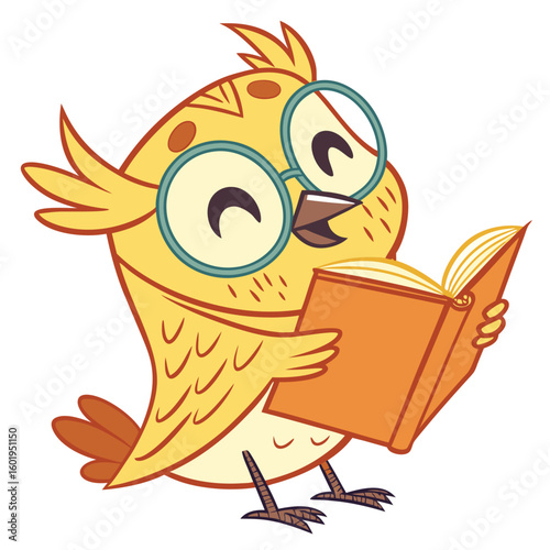 Cartoon yellow bird with glasses reading an orange book with a happy expression