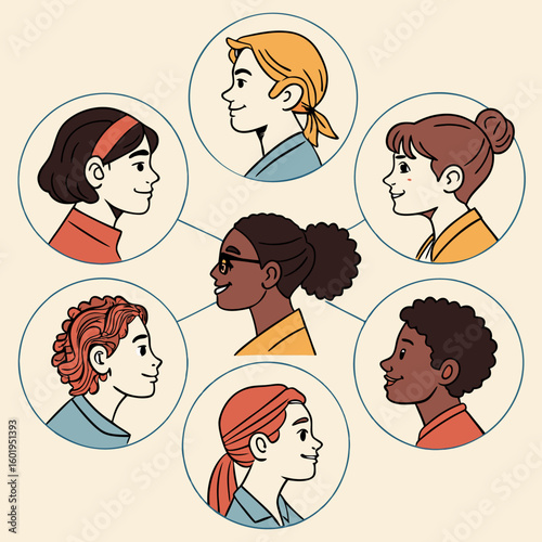 Diverse Portraits of People in Circular Frames Connected by Lines