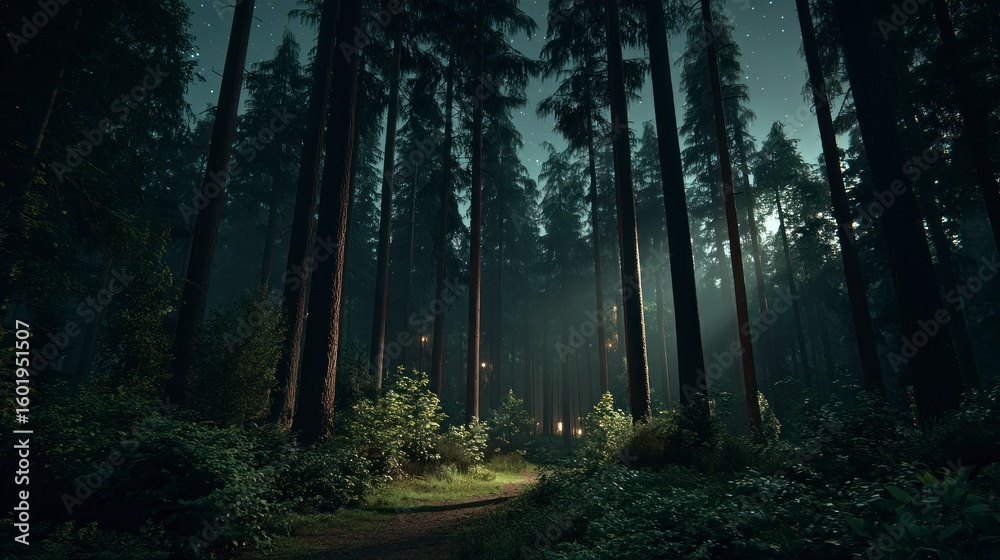 Fototapeta premium Enchanted dark forest at night with glowing lights and starry sky Woods
