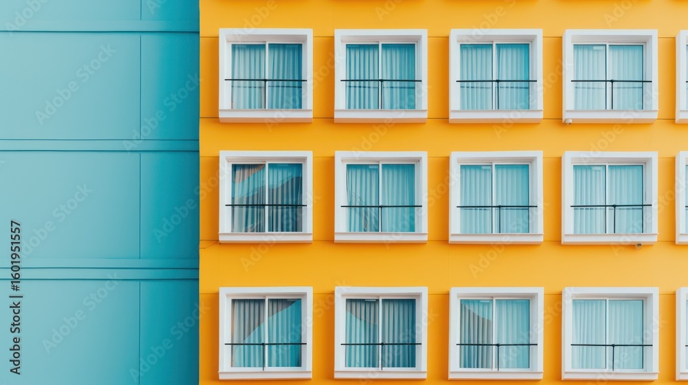 Obraz premium A vibrant yellow building with white windows and a blue facade.