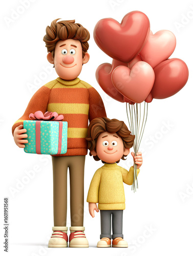 Cheerful Father and Son with Gift and Heart Balloons - Celebrating Love and Togetherness in 3D Illustration Transparent PNG