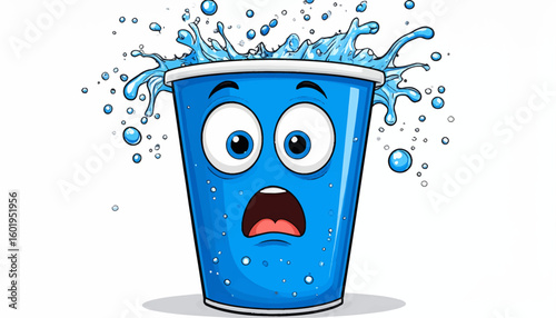 Cartoon cup with water splashing out, expressing surprise.
