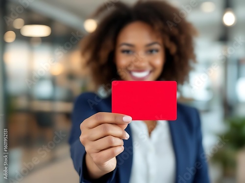 Close-up of professional woman holding a discount card in modern office. Perfect for finance, marketing, and promotional business content