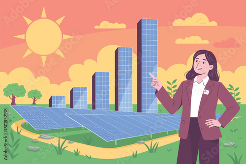Businesswoman points to growing solar panel installation representing renewable energy investment and growth