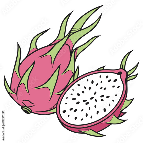 Vibrant Pink Dragon Fruit Whole and Halved with Black Seeds