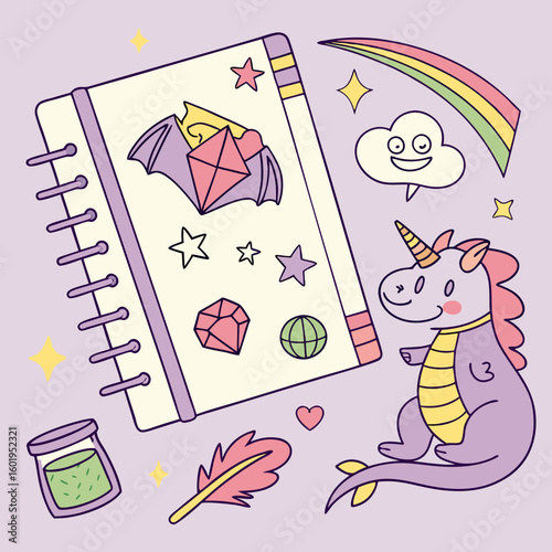 Whimsical Unicorn Dragon and Decorated Spiral Notebook