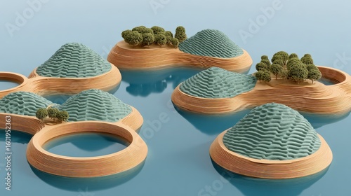 Fototapeta Naklejka Na Ścianę i Meble -  Stylized stacked wooden islands with textured green peaks and trees on water