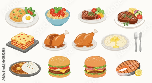 Vector with brush strokes on the theme of funny main meals