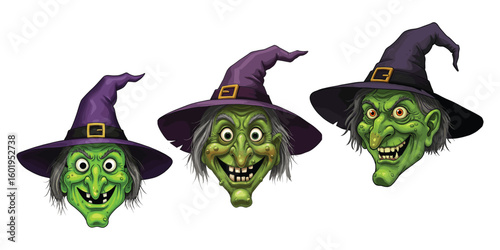 Three green-faced witches with hats and evil grins