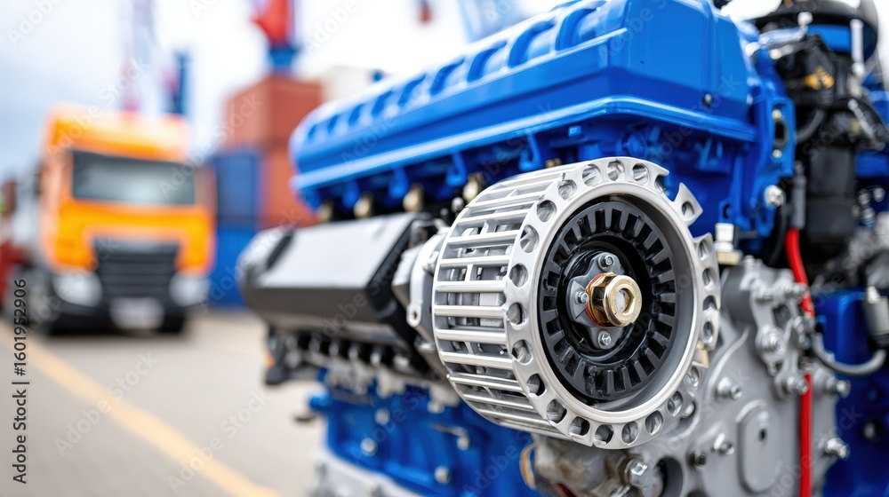 Fototapeta premium Blue Engine Component with Detailed Machine Part in Industrial Setting