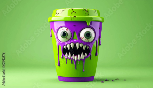 A whimsical, cartoonish illustration of a monstrous coffee cup with dripping details.