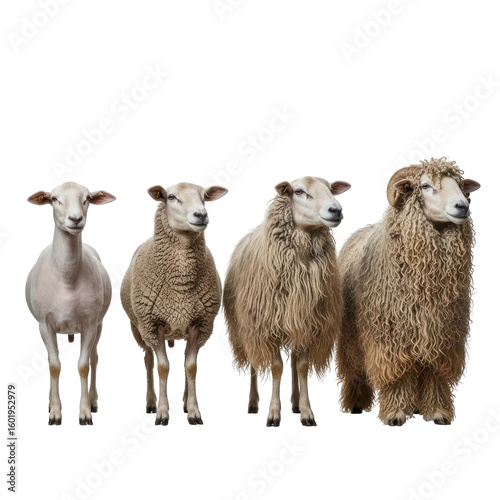 A diverse group of four sheep, ranging from shorn to long wool, stand together, illustrating the variety of ovine characteristics.