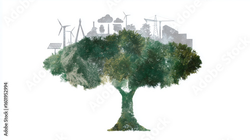 Tree, renewable energy, wind turbine, solar panel, city, construction, and sustainability blend in creative collage art