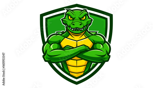 Cartoon alligator mascot with muscular arms crossed, set against a green shield.