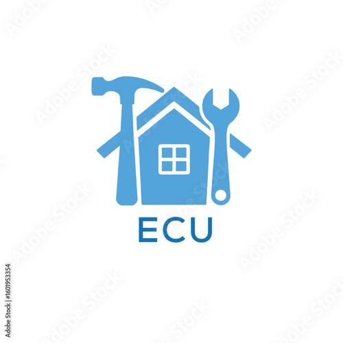 Home Repair Service Logo with Hammer and Wrench Icon –ECU Branding Design. ECU Letter Logo.
