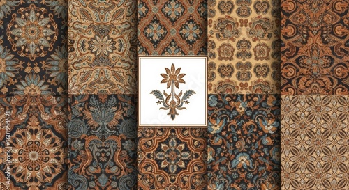 Collection of Intricate, Decorative Textile Patterns in Earthy Tones