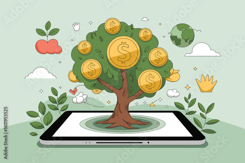 Digital growth of wealth and investment represented by a money tree on a tablet screen