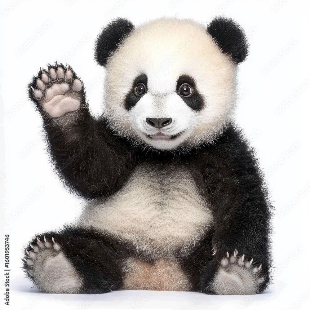 Naklejka premium Baby Panda Waving on White Background