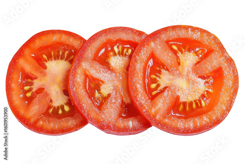 Three vibrant red tomato slices with visible seeds and juicy pulp isolated on transparent background