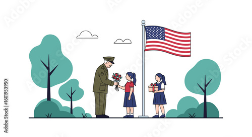 A soldier with children at a flag raising ceremony honors national heroes and remembers veterans day