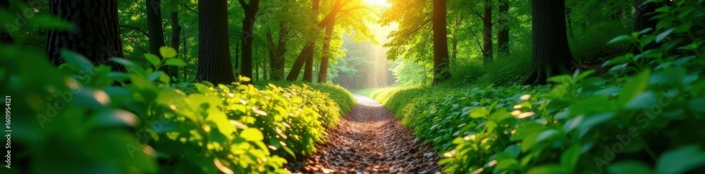 Obraz premium Bright sunlight illuminates a narrow forest trail, vibrant green foliage on both sides, peaceful, serene