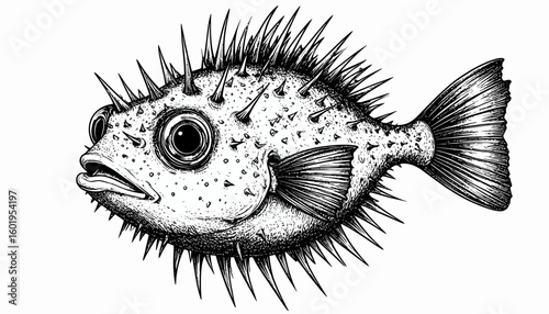 Detailed black and white illustration of a spiky, inflated pufferfish, isolated.