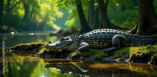 Large alligator basking on Avery Island swamp bank, plant, jungle, animal photography