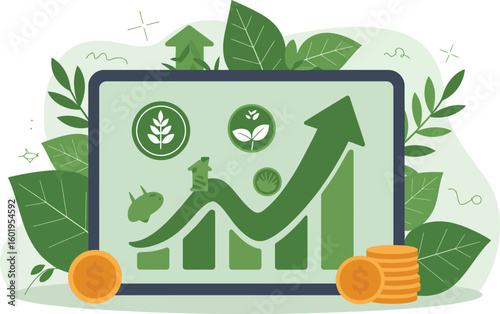 Digital tablet displaying a green growth chart with agricultural icons and coins symbolizing sustainable farming success