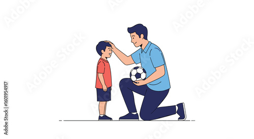 A father gently touches his son's forehead holding a soccer ball while kneeling down to his level during a friendly chat and encouragement before a game