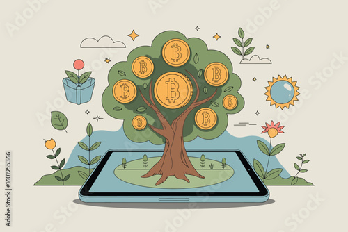 Digital tree of wealth growing bitcoin cryptocurrency on a tablet screen
