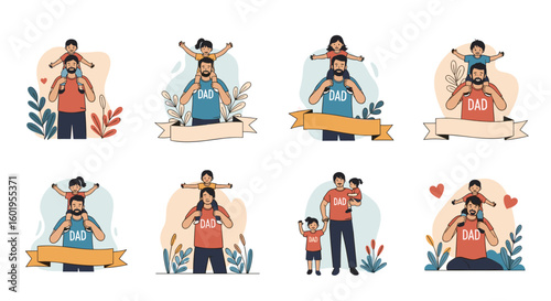 Father and son moments of joy riding on shoulders and happy family time together