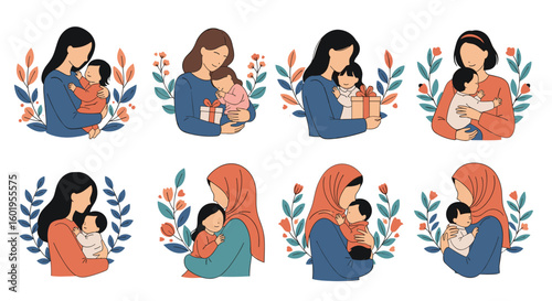 Beautiful illustrations depicting mothers holding their beloved children in various poses and outfits
