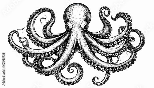 Intricate pen-and-ink drawing of a powerful octopus, its tentacles elegantly curled.