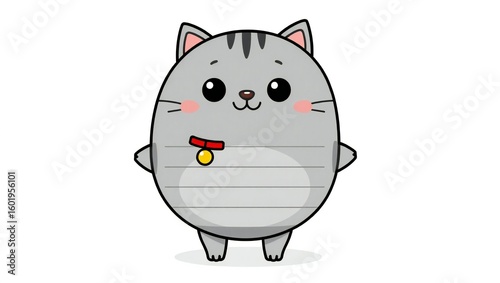 Cute cartoon oval shaped grey tabby cat with a red collar and bell