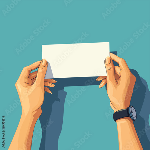 Hands holding a blank receipt with visible nails and wristwatch, vector style simple color