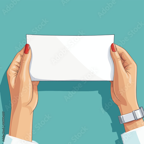 Hands holding a blank receipt with visible nails and wristwatch, vector style simple color