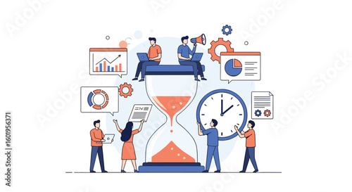 Illustrating the concept of efficient time management and project workflow with a team working together around a large hourglass and clock symbol.
