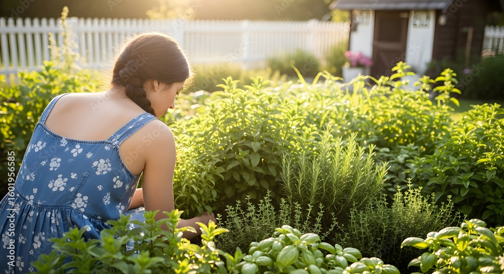 Obraz premium Woman Gardening in a Lush Green Backyard During Sunny Day Engaged in Plant Care and Cultivation in a Peaceful Outdoor Setting for Relaxation and Nature Connection