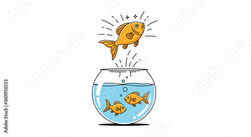 One goldfish leaping out of a bowl inspiring others to follow a bold path toward greater opportunities