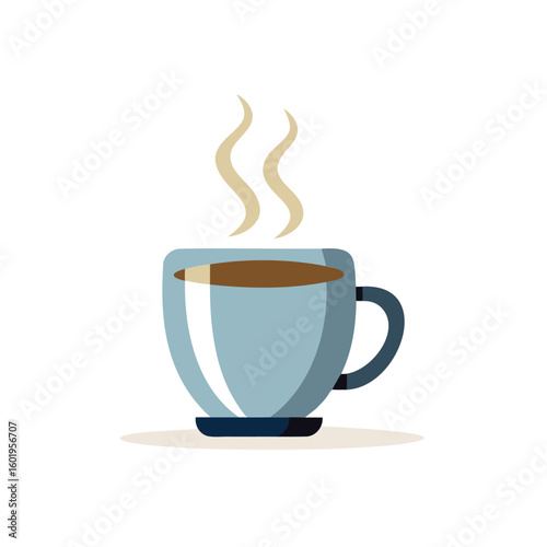 A steaming cup of hot coffee or tea in a light blue mug isolated on white background