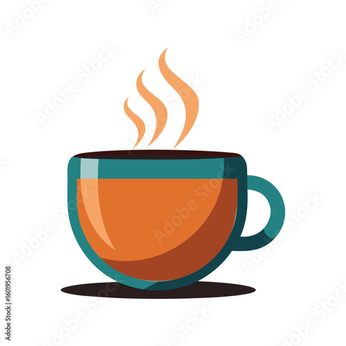 A steaming cup of hot beverage with orange liquid and teal rim isolated on white background