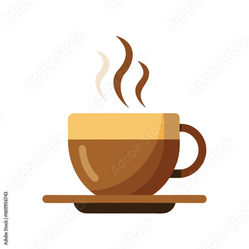 A steaming cup of hot coffee with a creamy foam layer on a saucer isolated on white background